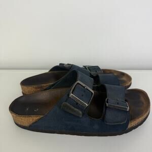 Birkenstock Womens Arizona Leather Soft Footbed Navy Slide Sandals EU 37/US 6